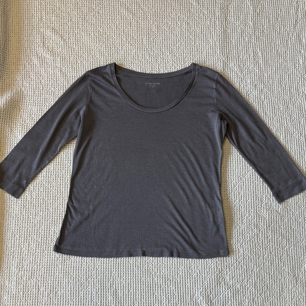 Eileen Fisher Silk Cotton Blend Charcoal Gray 3/4 Sleeve T-shirt, Small Petite